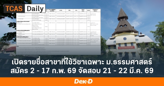 เปิดรายชื่อสาขาที่ใช้วิชาเฉพาะ ม.ธรรมศาสตร์ สมัคร 2 - 17 ก.พ. 69 จัดสอบ 21 - 22 มี.ค. 69 เปิดรายชื่อสาขาที่ใช้วิชาเฉพาะ ม.ธรรมศาสตร์ สมัคร 2 - 17 ก.พ. 69 จัดสอบ 21 - 22 มี.ค. 69