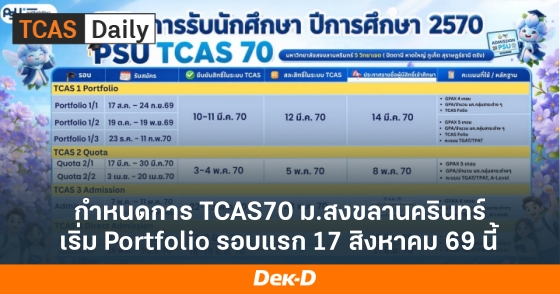 กำหนดการ TCAS70 ม.สงขลานครินทร์ เริ่ม Portfolio รอบแรก 17 สิงหาคม 69 นี้ กำหนดการ TCAS70 ม.สงขลานครินทร์ เริ่ม Portfolio รอบแรก 17 สิงหาคม 69 นี้