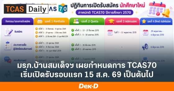 มรภ.บ้านสมเด็จฯ เผยกำหนดการ TCAS70 เริ่มเปิดรับรอบแรก 15 ส.ค. 69 เป็นต้นไป มรภ.บ้านสมเด็จฯ เผยกำหนดการ TCAS70 เริ่มเปิดรับรอบแรก 15 ส.ค. 69 เป็นต้นไป