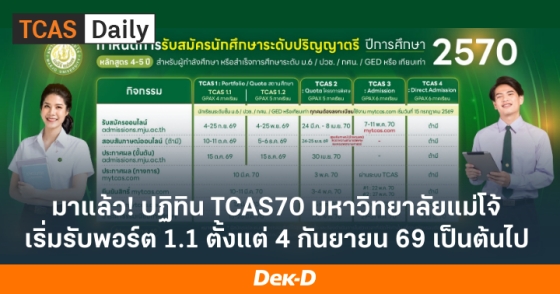 มาแล้ว! ปฏิทิน TCAS70 มหาวิทยาลัยแม่โจ้ เริ่มรับพอร์ต 1.1 ตั้งแต่ 4 กันยายน 69 เป็นต้นไป