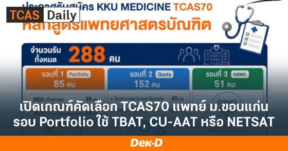 เปิดเกณฑ์คัดเลือก TCAS70 แพทย์ ม.ขอนแก่น รอบ Portfolio ใช้ TBAT, CU-AAT หรือ NETSAT เปิดเกณฑ์คัดเลือก TCAS70 แพทย์ ม.ขอนแก่น รอบ Portfolio ใช้ TBAT, CU-AAT หรือ NETSAT